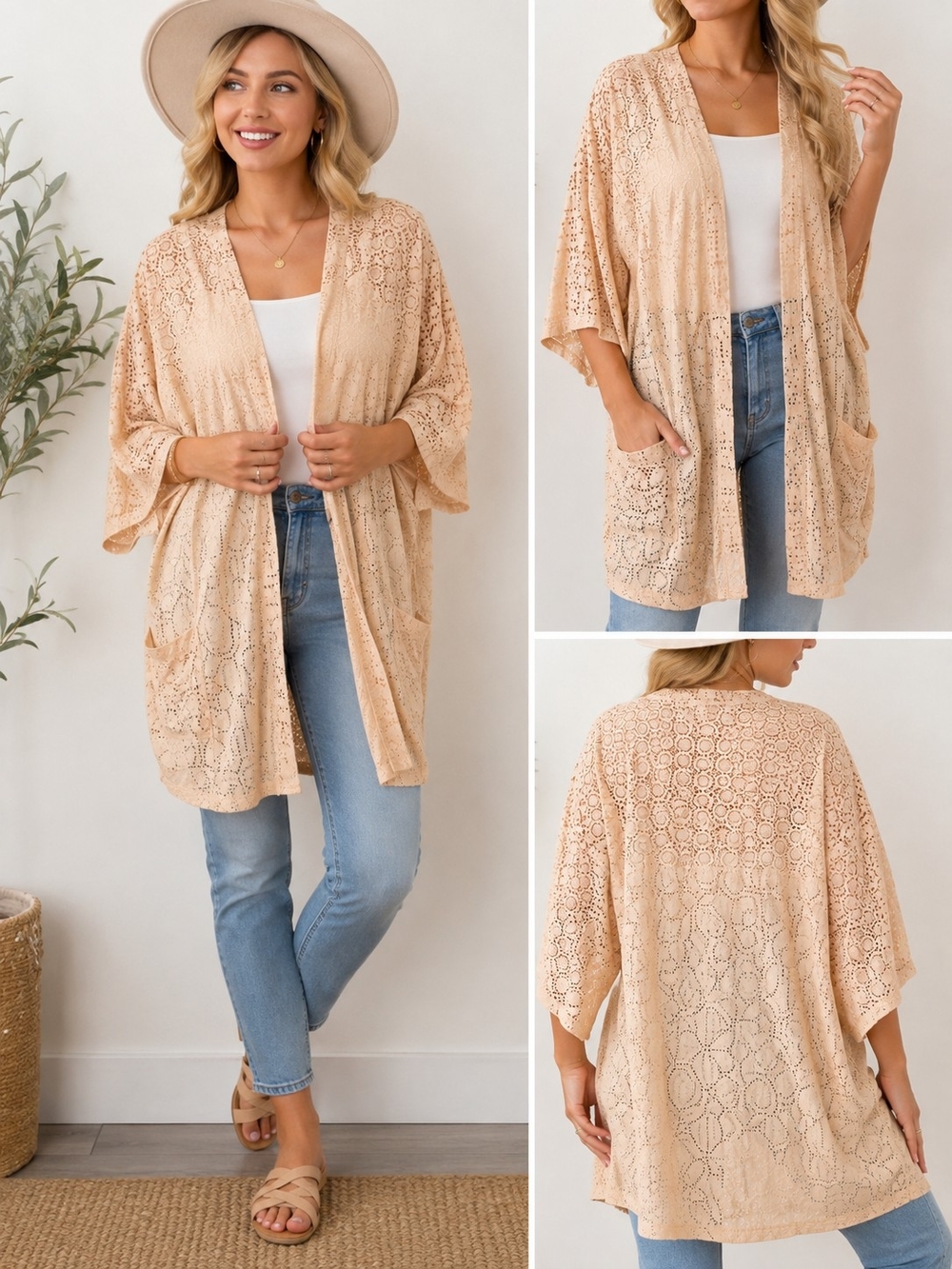 CATO Ivory Lace Kimono XL NWT Crochet Eyelet Boho Open Front Cardigan Boho Chic